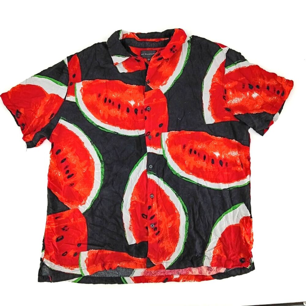 Maximalist Black Watermelon Print Short Sleeve Button Up Shirt 2XL Camp Collar